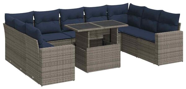10 részes szürke polyrattan akácfa kerti ülőgarnitúra párnákkal