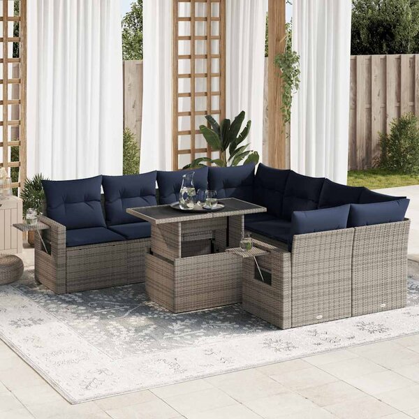 9 részes szürke polyrattan akácfa kerti ülőgarnitúra párnákkal