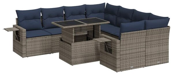 9 részes szürke polyrattan akácfa kerti ülőgarnitúra párnákkal