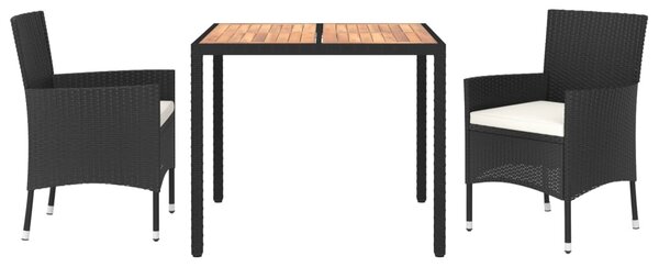 3 részes fekete polyrattan kerti étkezőgarnitúra párnákkal