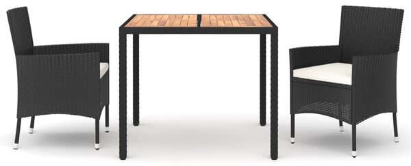 3 részes fekete polyrattan kerti étkezőgarnitúra párnákkal