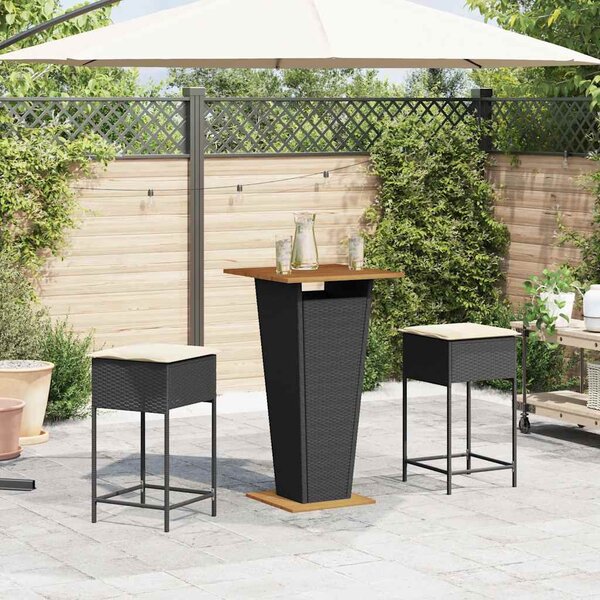 3 részes fekete polyrattan kerti bárszett párnával