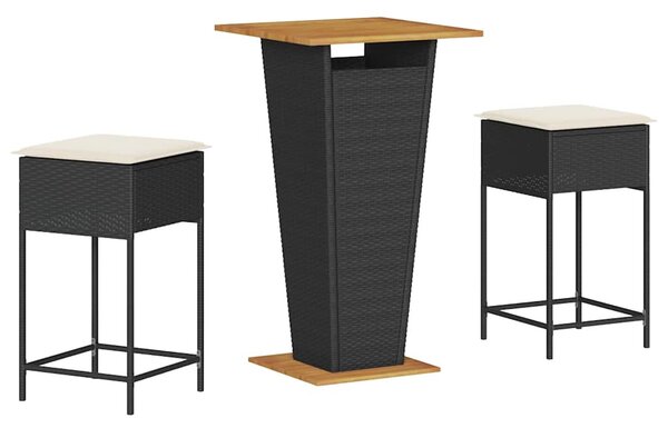 3 részes fekete polyrattan kerti bárszett párnával