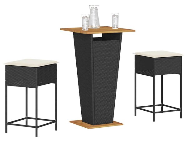 3 részes fekete polyrattan kerti bárszett párnával