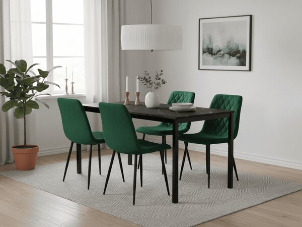 Étkező garnitúra 1 + 4, fekete asztal RAMOD 100x60 cm márvány dekor + zöld TURIN szék fekete lábakkal