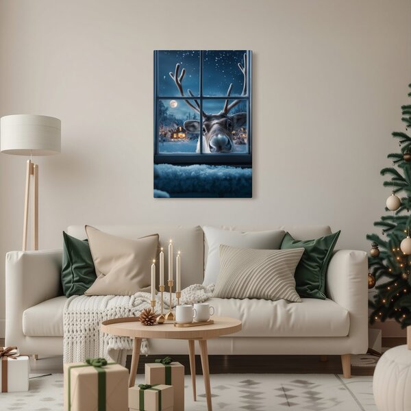 Karácsonyi kép aranyos rénszarvas havas ablak mögött