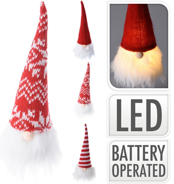 Világító LED orrú karácsonyi szerencse manó, 19 cm magas, piros