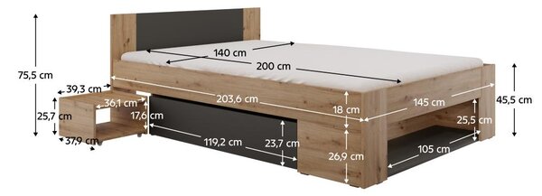 Franciaágy 140 cm Uniforme (artisan tölgy + antracit) (tárolóhellyel)