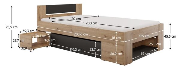 Egyszemélyes ágy 120 cm Uniforme (artisan tölgy + antracit) (tárolóhellyel)