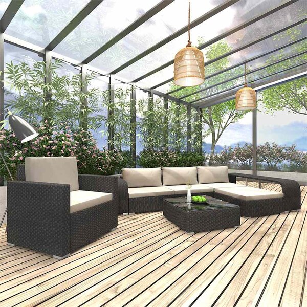 8 részes fekete polyrattan kerti bútorszett párnákkal