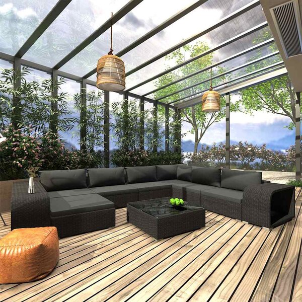 10 részes fekete polyrattan kerti ülőgarnitúra párnákkal