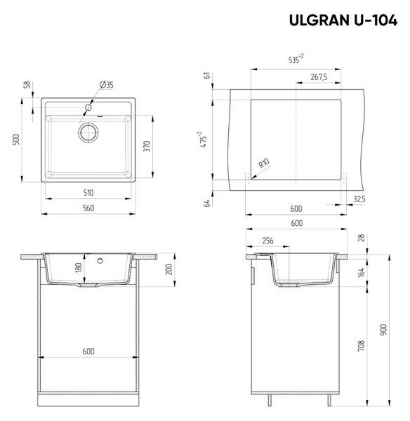 Ulgran U-104-344 Gránit Egymedencés Mosogatótálca és Gamma Vegas Mosogató Rugalmas Csaptelep Szett - Matt Fekete