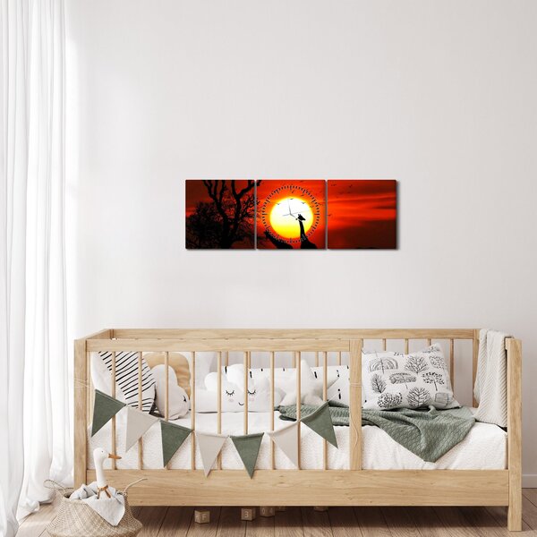 Kép - Állatok sziluettjei napnyugtakor (órával) (90x30 cm)