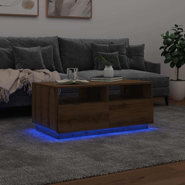 Kézműves tölgyszínű dohányzóasztal LED-lámpákkal 90x49x40 cm