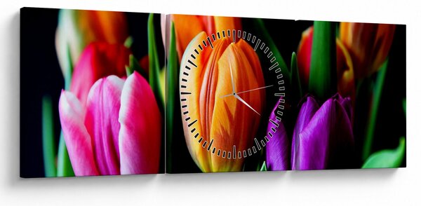 Tulipánok képe fekete alapon (órával) (90x30 cm)