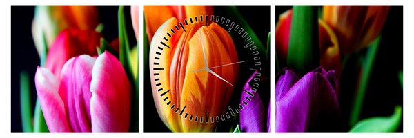 Tulipánok képe fekete alapon (órával) (90x30 cm)