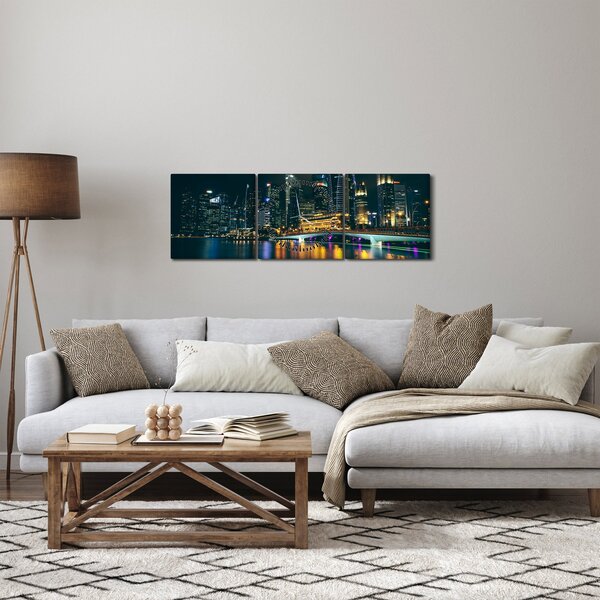Egy kép az éjszakai Szingapúrról (órával) (90x30 cm)