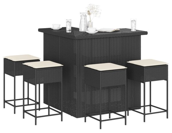 5 részes fekete polyrattan kerti bárszett párnával