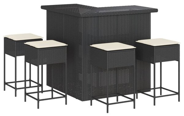 5 részes fekete polyrattan kerti bárszett párnával
