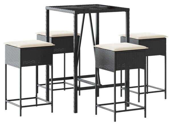 5 részes fekete polyrattan kerti bárszett párnával