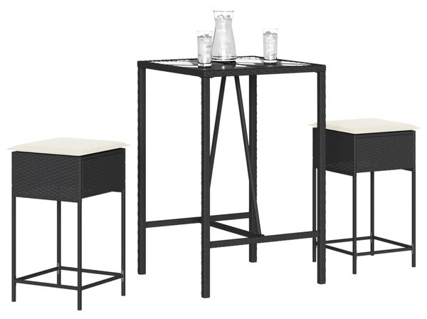 3 részes fekete polyrattan kerti bárszett párnával