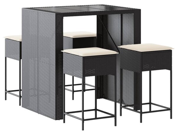 5 részes fekete polyrattan kerti bárszett párnával
