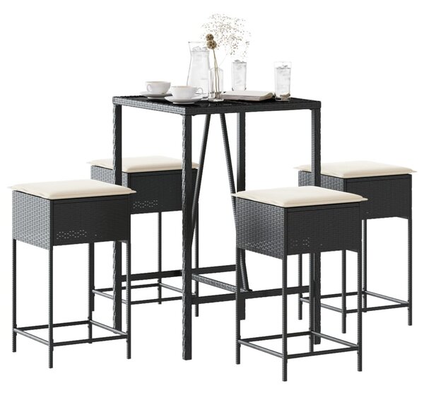 5 részes fekete polyrattan kerti bárszett párnával