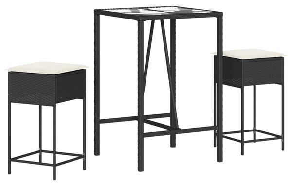 3 részes fekete polyrattan kerti bárszett párnával