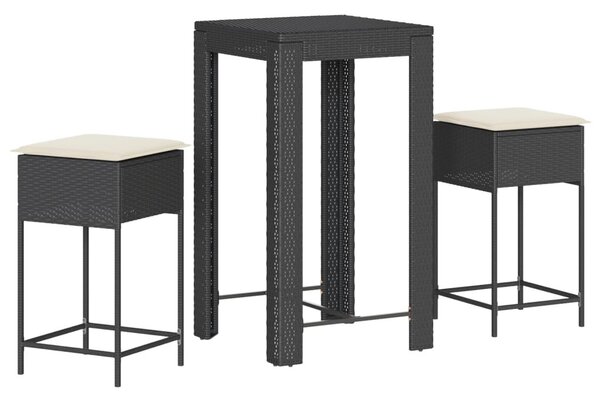 3 részes fekete polyrattan kerti bárszett párnával