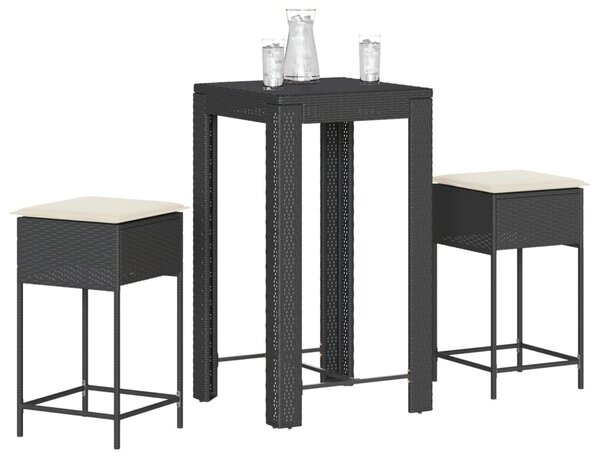 3 részes fekete polyrattan kerti bárszett párnával