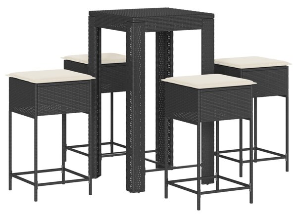 5 részes fekete polyrattan kerti bárszett párnával