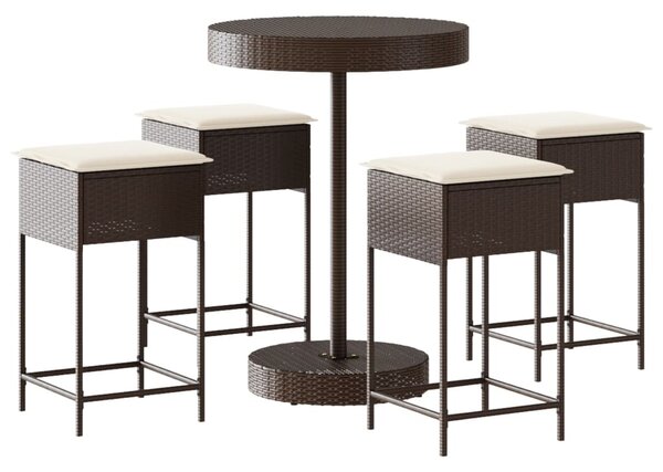 5 részes barna polyrattan kerti bárszett párnákkal