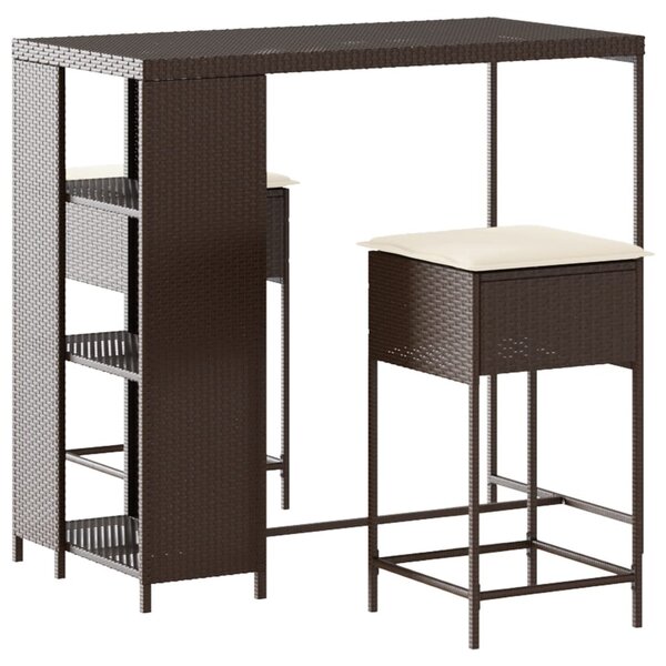 3 részes barna polyrattan kerti bárszett párnákkal