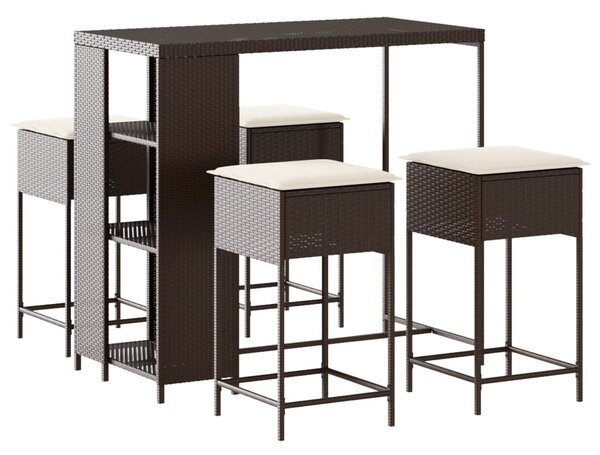 5 részes barna polyrattan kerti bárszett párnákkal