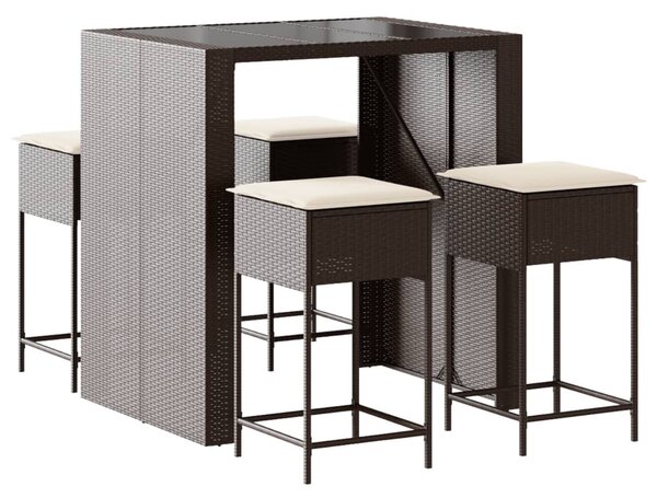 5 részes barna polyrattan kerti bárszett párnákkal