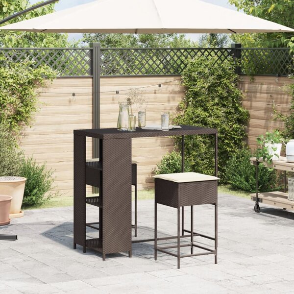 3 részes barna polyrattan kerti bárszett párnákkal