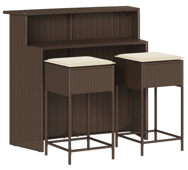 3 részes barna polyrattan kerti bárszett párnákkal