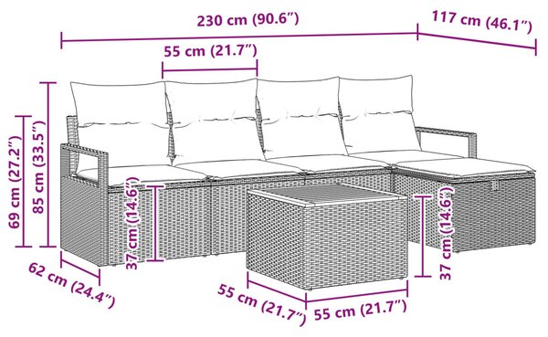 Kerti Kanapé Szett 6 db Szürke Poli rattan