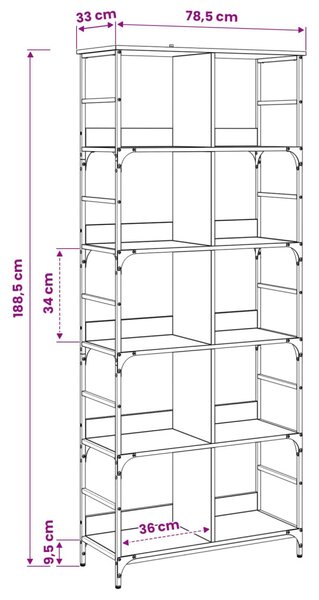 Könyvespolc 4 szintes 78,5 x 33 x 188,5 cm fém PB Antik fa