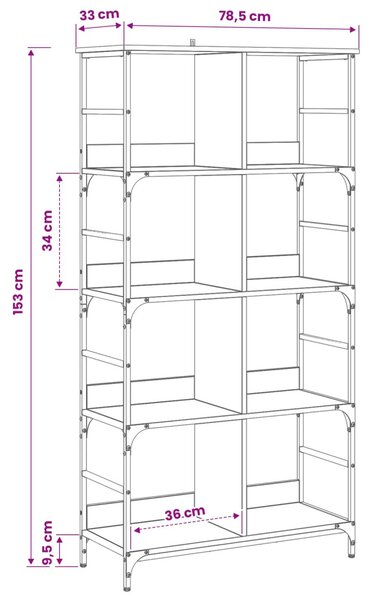 Könyvespolc 4 szintes 78,5 x 33 x 153 cm fém PB Antik fa