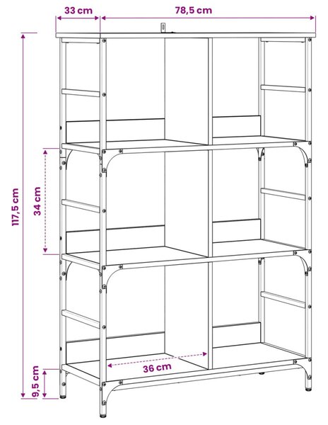 Könyvespolc 4 szintes 78,5 x 33 x 117,5 cm fém PB Antik fa