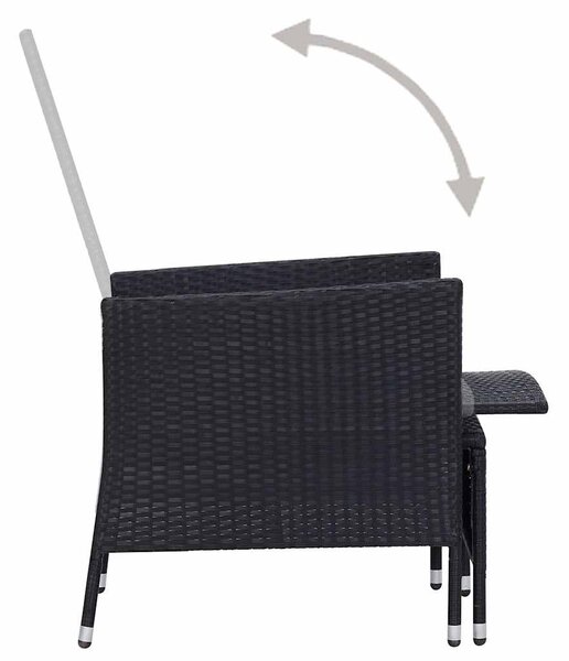 3 részes fekete polyrattan kerti bútorszett párnákkal