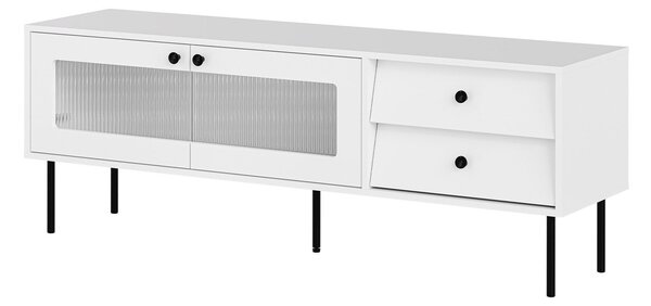 TV-állvány Feletri 102, Edzett üveg, Közepes sűrűségű farostlemez, Laminált forgácslap, 55x150x39cm, Fehér