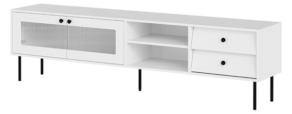 TV-állvány Feletri 103, Edzett üveg, Közepes sűrűségű farostlemez, Laminált forgácslap, 55x200x39cm, Fehér