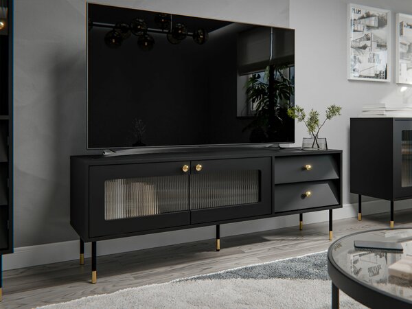 TV-állvány Feletri 102, Edzett üveg, Közepes sűrűségű farostlemez, Laminált forgácslap, 55x150x39cm, Fekete