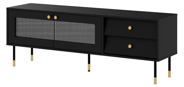 TV-állvány Feletri 102, Edzett üveg, Közepes sűrűségű farostlemez, Laminált forgácslap, 55x150x39cm, Fekete