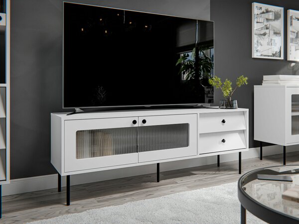 TV-állvány Feletri 102, Edzett üveg, Közepes sűrűségű farostlemez, Laminált forgácslap, 55x150x39cm, Fehér