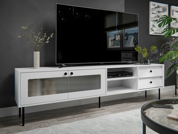 TV-állvány Feletri 103, Edzett üveg, Közepes sűrűségű farostlemez, Laminált forgácslap, 55x200x39cm, Fehér