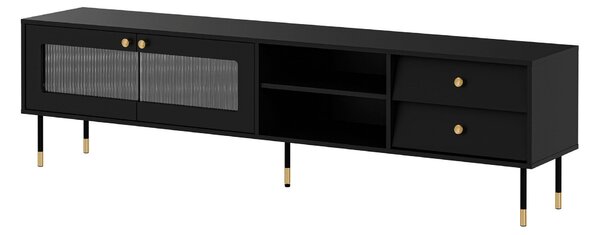 TV-állvány Feletri 103, Edzett üveg, Közepes sűrűségű farostlemez, Laminált forgácslap, 55x200x39cm, Fekete