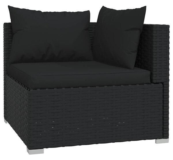 Fekete háromszemélyes polyrattan kanapé párnákkal